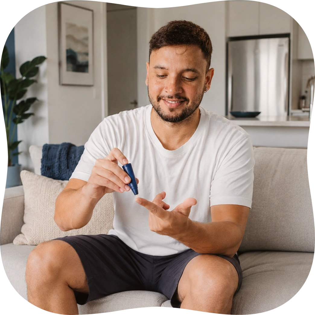 A patient checking blood sugar at home with Circle Medical diabetes care