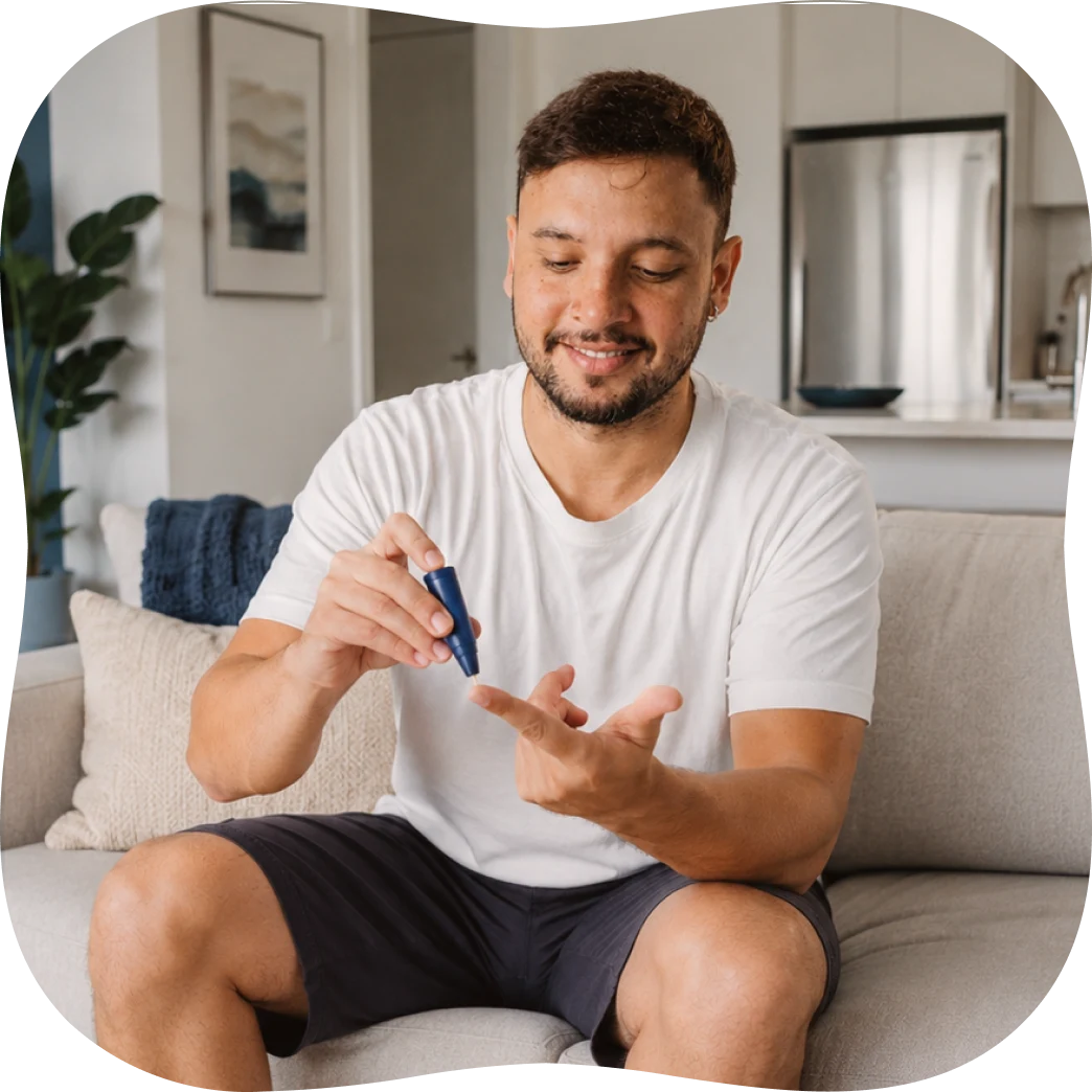 A patient checking blood sugar at home with Circle Medical diabetes care