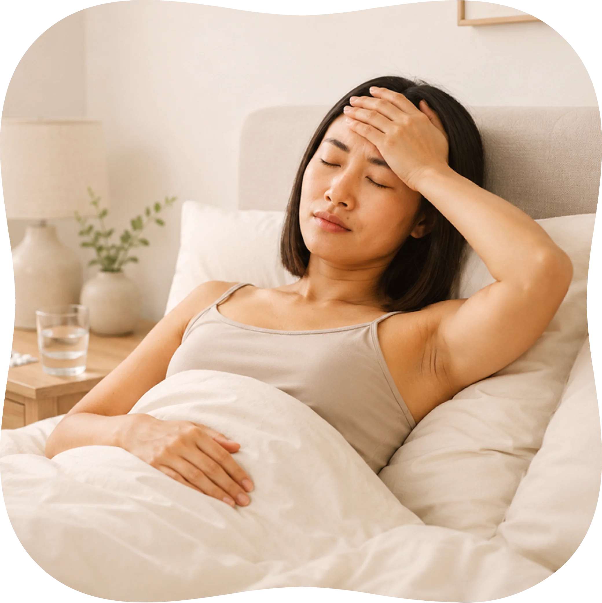 A patient resting at home while experiencing migraine symptoms