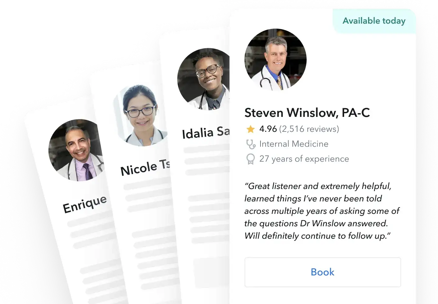 Healthcare provider selection showing Steven Winslow, PA-C (4.96 stars, 27 years experience) and other available doctors with booking options